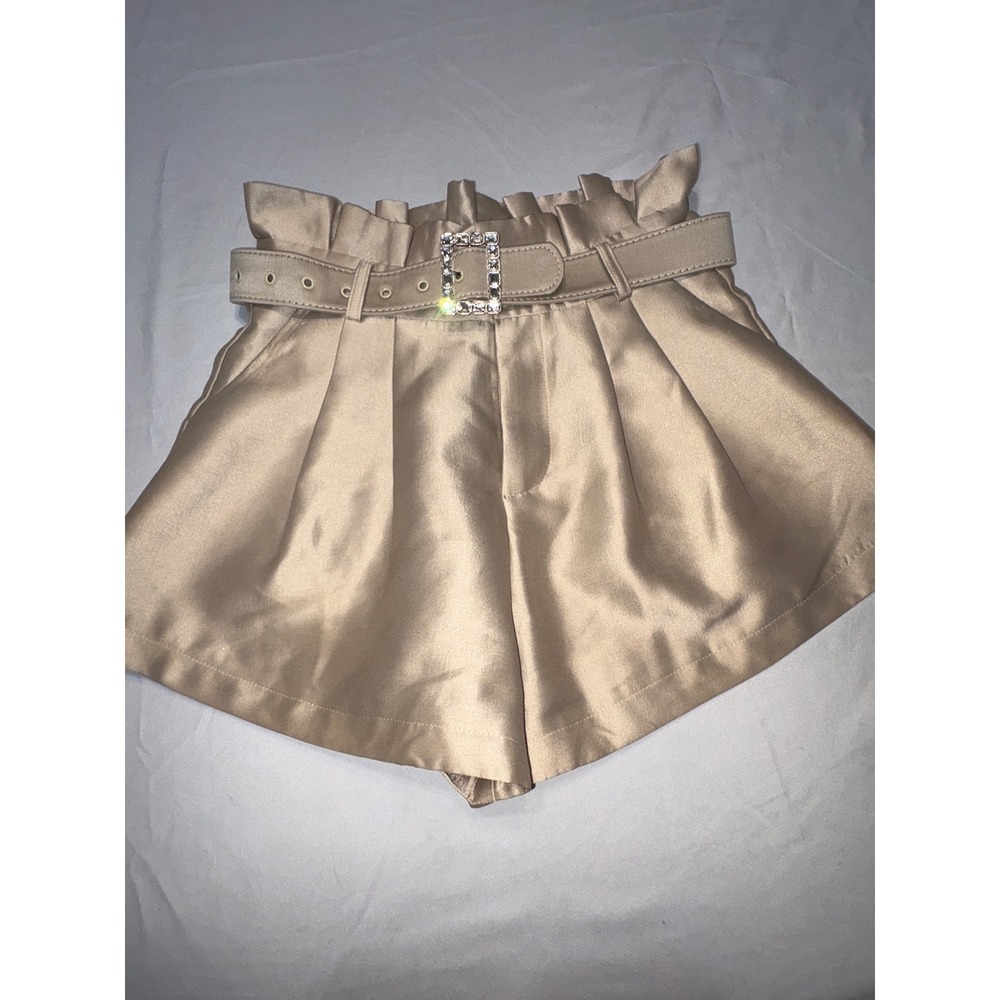 Mochy Champagne Satin Paperbag Waist Shorts Rhinestone Buckle Belt Gold Size M